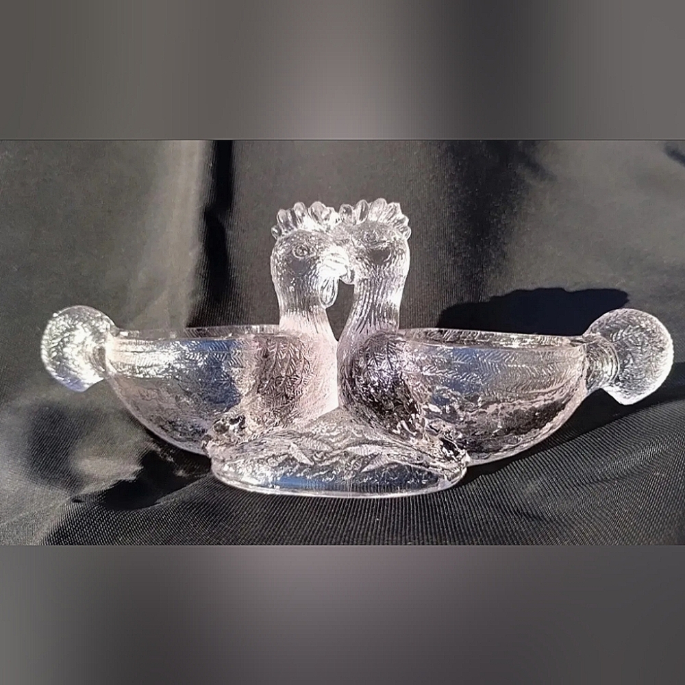 Antique Schmid Verreries DOUBLE ROOSTER Crystal glass salt cellar France cottage
